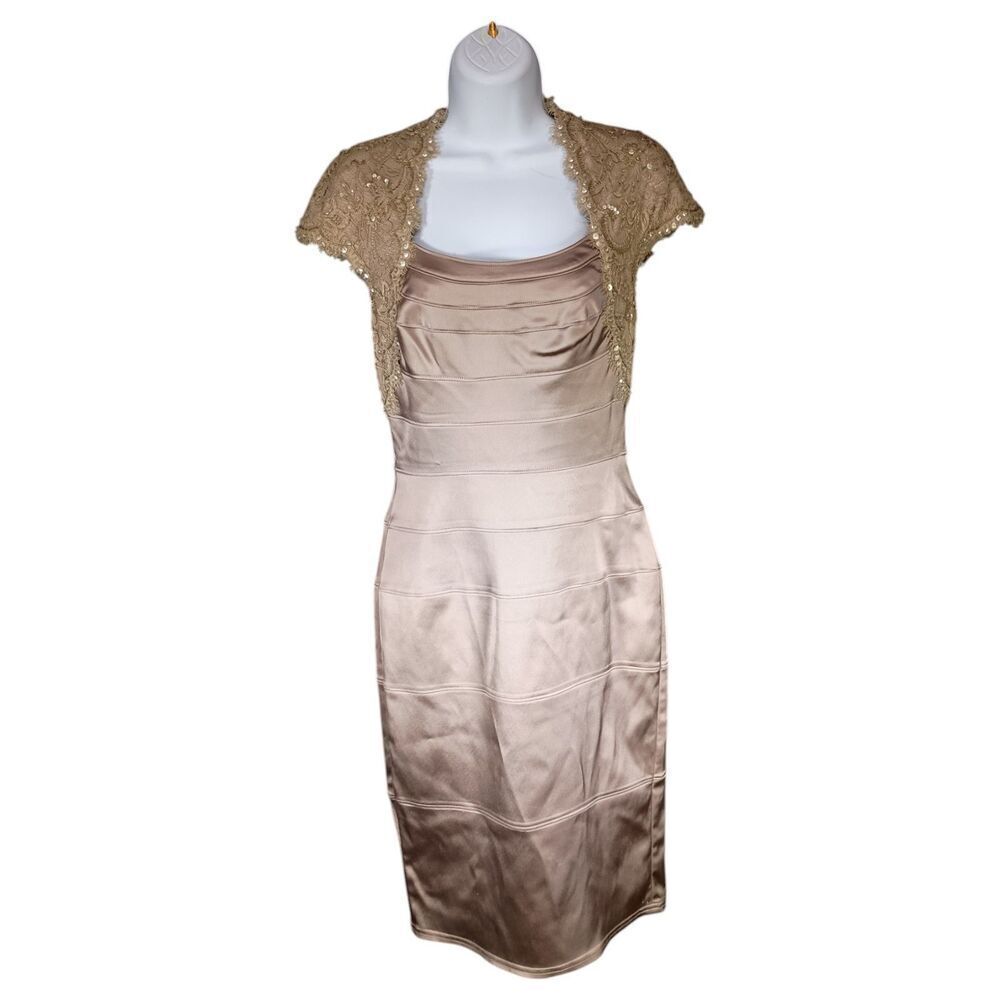 Tadashi Shoji Dress 4 Womens Beige Midi Bodycon Short Sleeve Square Neck Solid